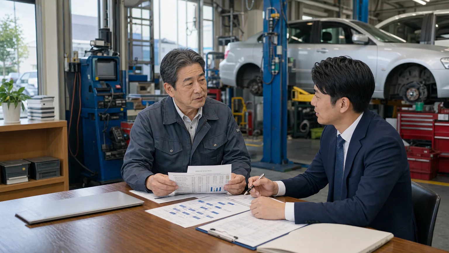 町田・相模原の自動車整備工場M&Aで経営者とアドバイザーが整備工場内で相談する様子