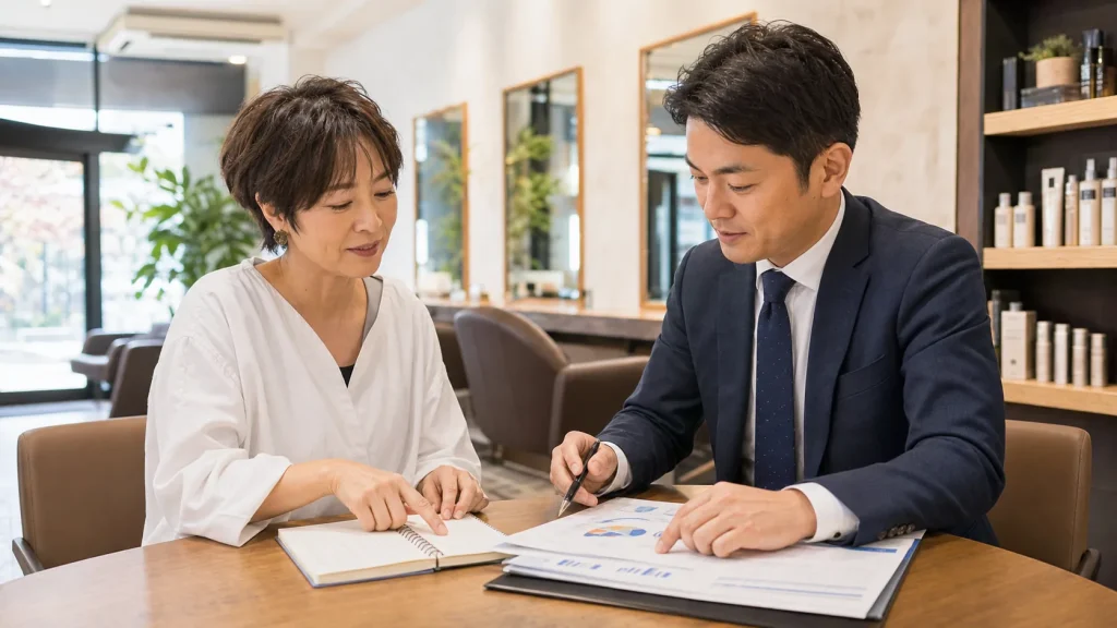 町田・相模原の美容室M&Aで経営者とアドバイザーがサロン内で予約台帳と資料を確認する様子