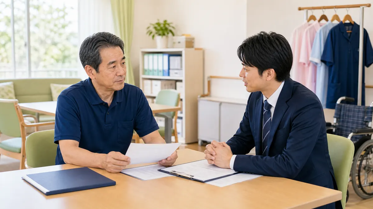 町田・相模原の介護事業M&Aで経営者とアドバイザーが事業所内で事業承継を相談する様子