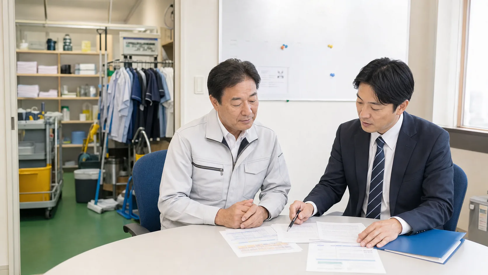 町田・相模原の清掃会社M&Aで経営者とアドバイザーが事務所で契約資料を確認する様子