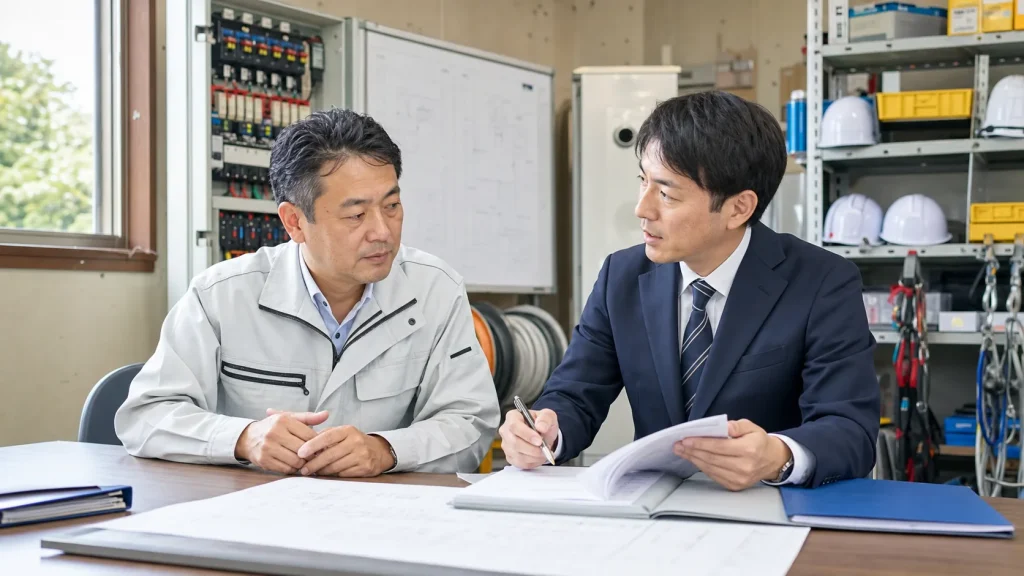 町田・相模原の電気工事会社M&Aで経営者とアドバイザーが工事資料を確認する様子