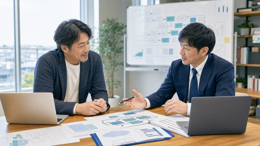 町田・相模原のIT・Web制作会社M&Aで経営者とアドバイザーがシステム資料を確認する様子