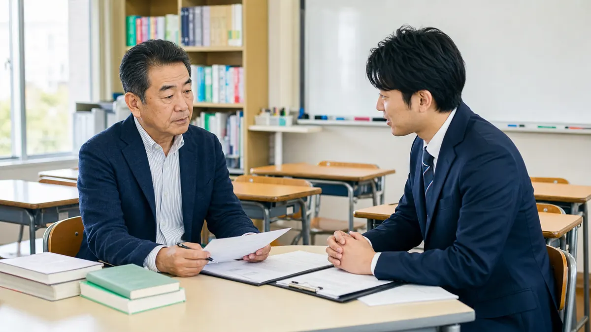 町田・相模原の学習塾M&Aで経営者とアドバイザーが教室内で事業承継を相談する様子