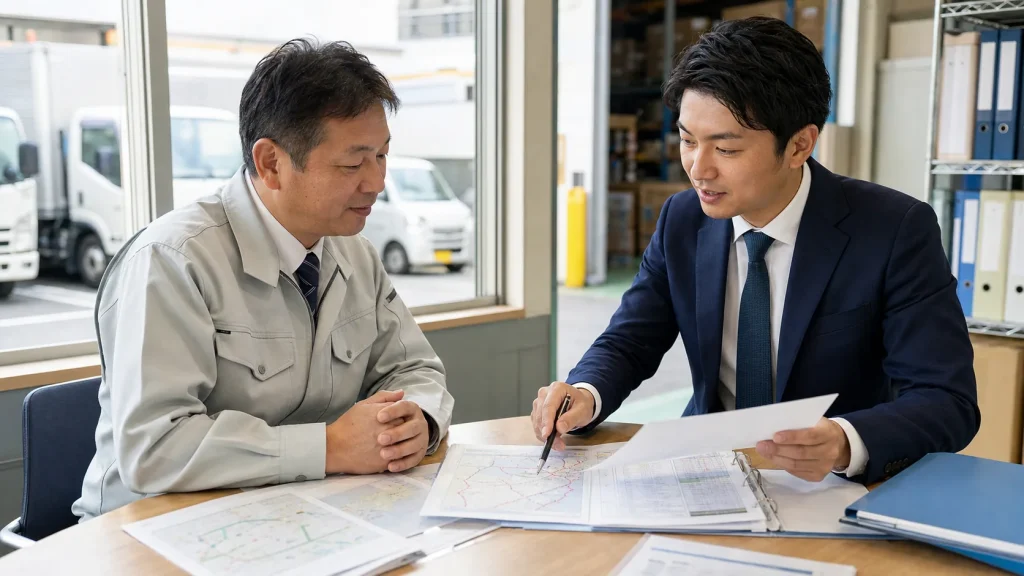 町田・相模原の運送会社M&Aで経営者とアドバイザーが配送ルート資料を確認する様子