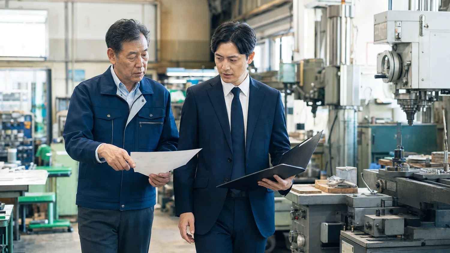 町田周辺の製造業で設備と事業承継資料を確認する写真