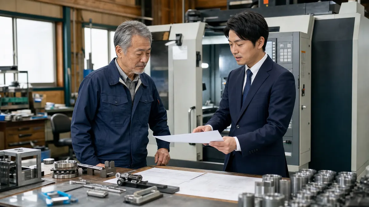 町田・相模原の製造業M&Aで経営者とアドバイザーが町工場内で事業承継を相談する様子