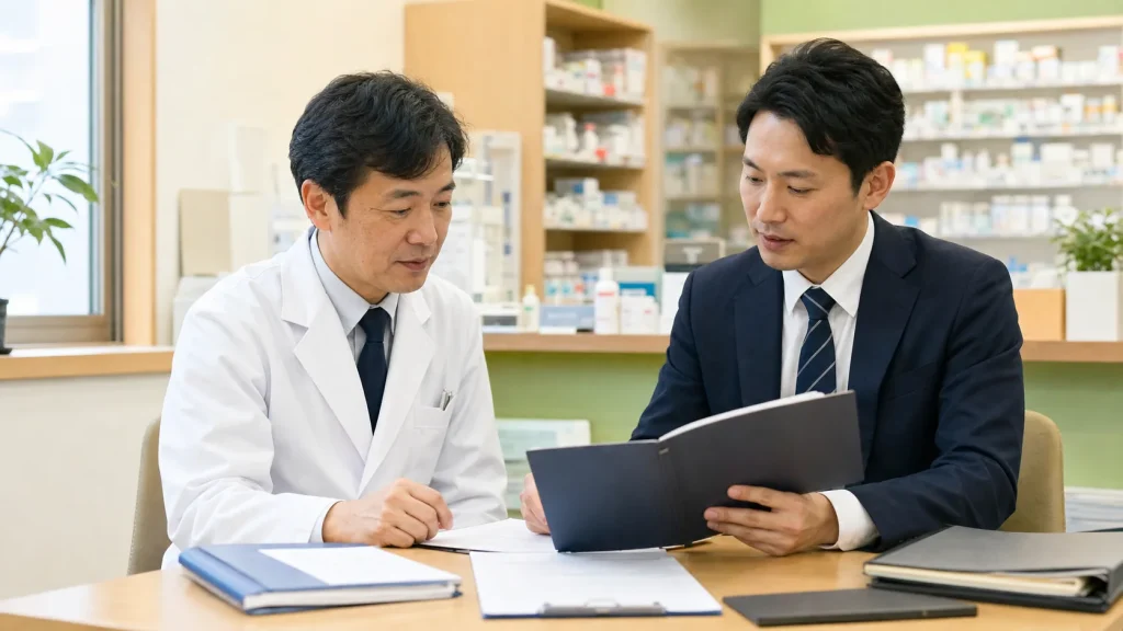 町田・相模原の調剤薬局M&Aで薬局経営者とアドバイザーが薬局内で承継資料を確認する様子