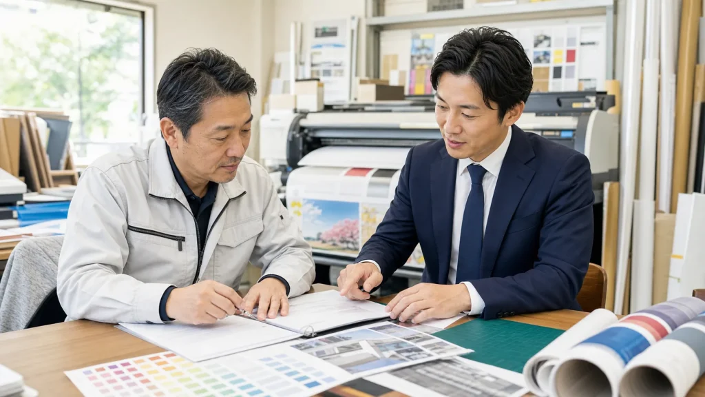 町田・相模原の印刷会社M&Aで経営者とアドバイザーが制作資料を確認する様子