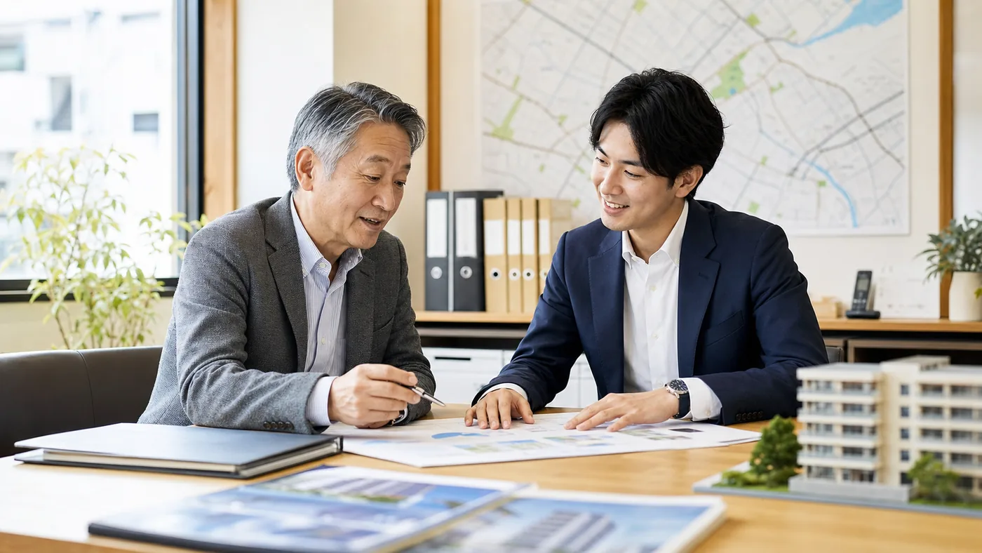 町田・相模原の不動産管理会社M&Aで経営者とアドバイザーが管理資料を見ながら事業承継を相談する様子