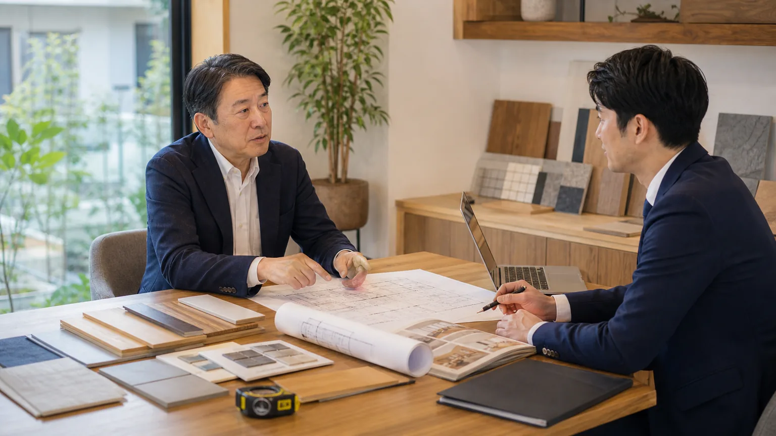 町田・相模原の住宅リフォーム会社M&Aで経営者とアドバイザーが図面を前に相談する様子