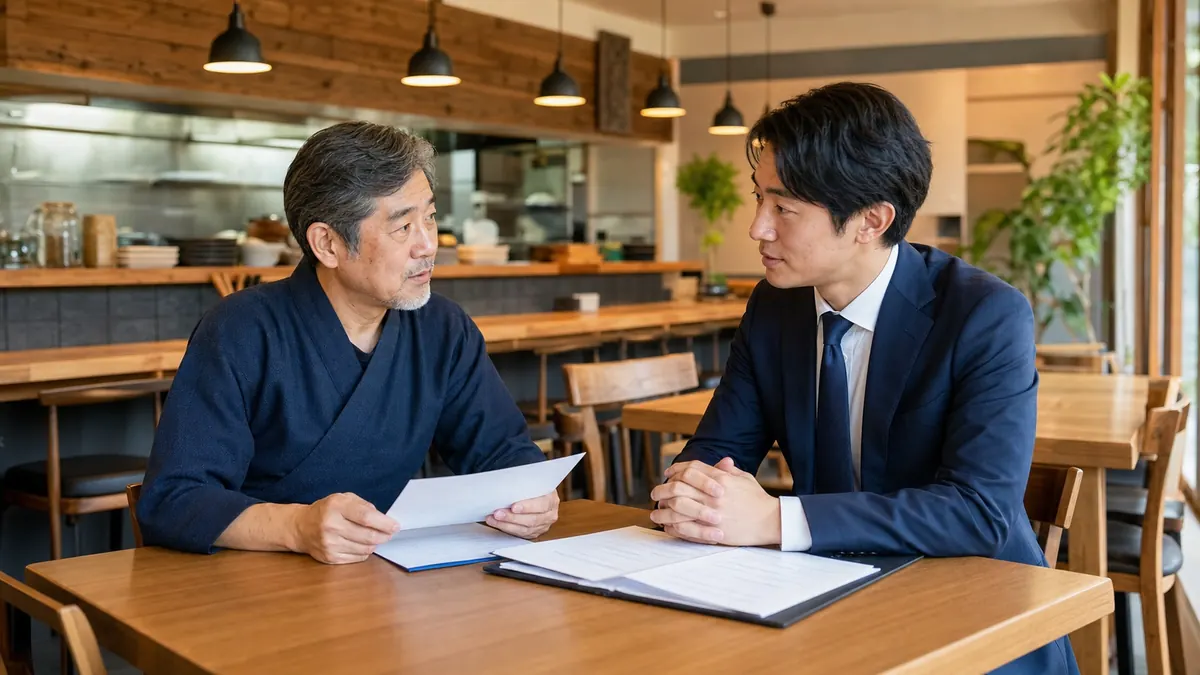 町田・相模原の飲食店M&Aで経営者とアドバイザーが店内で事業承継を相談する様子