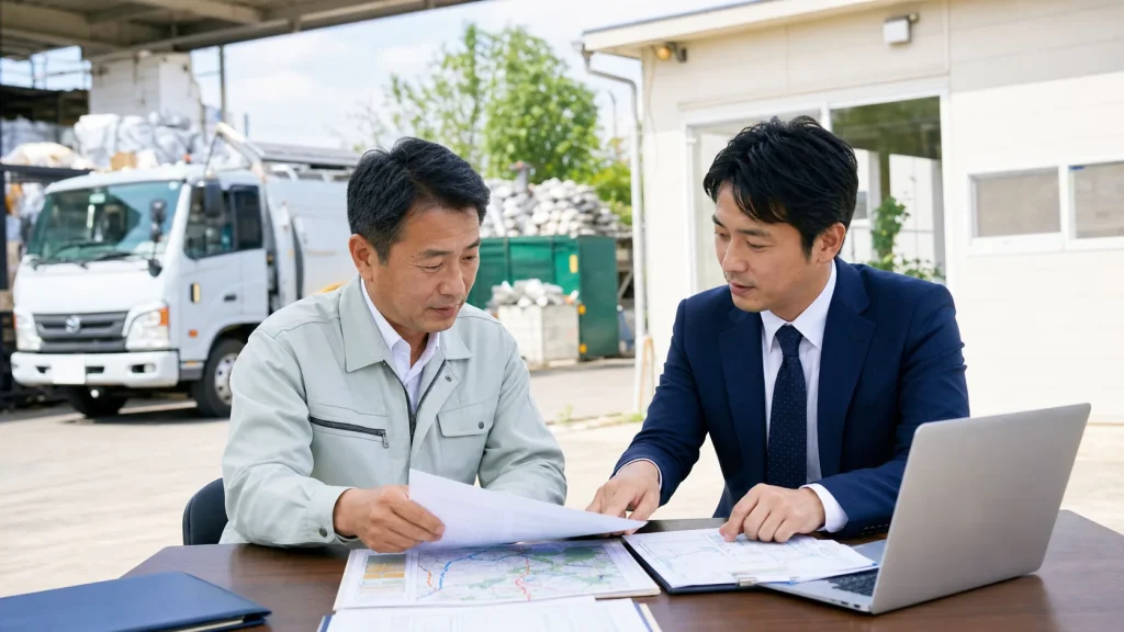 町田・相模原の産廃収集運搬M&Aで経営者とアドバイザーが許可資料を確認する様子