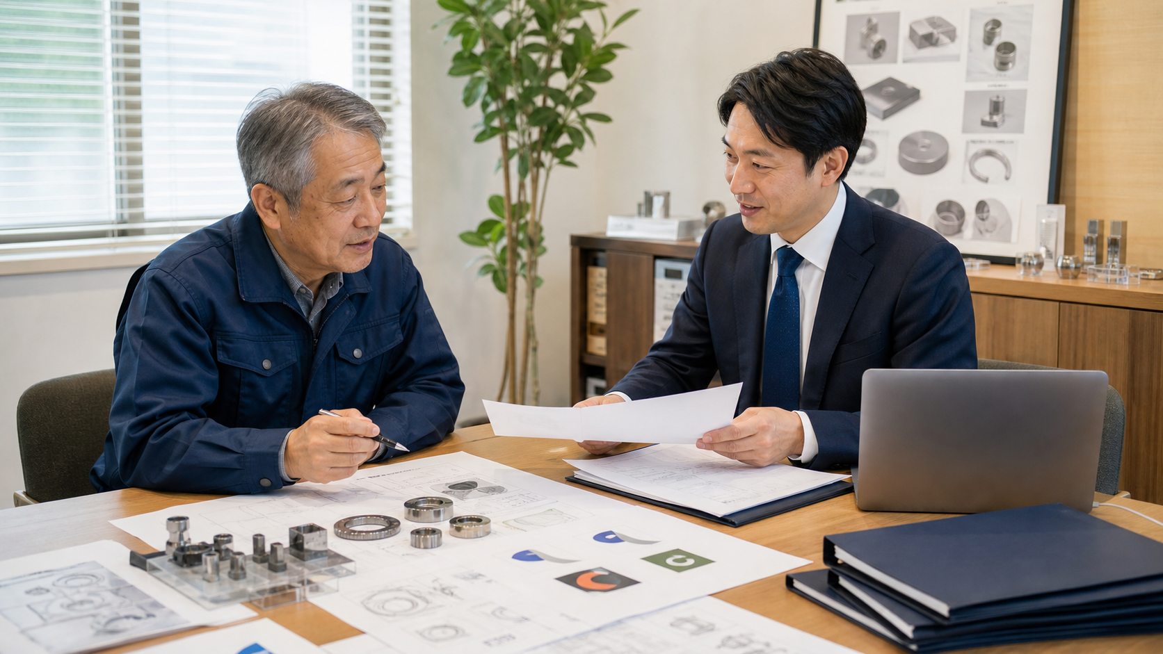 町田・相模原の製造会社で知的財産と設計資料の承継を相談する経営者とM&Aアドバイザー