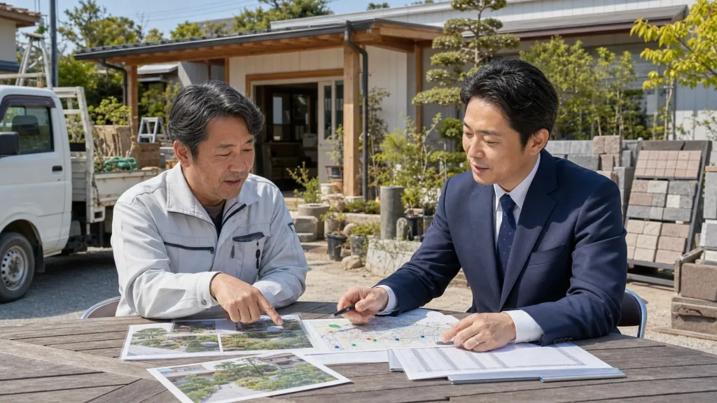 町田・相模原の造園業M&Aで経営者とアドバイザーが年間管理資料を確認する様子