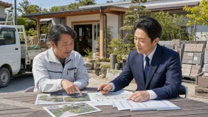 町田・相模原の造園業M&Aで経営者とアドバイザーが年間管理資料を確認する様子