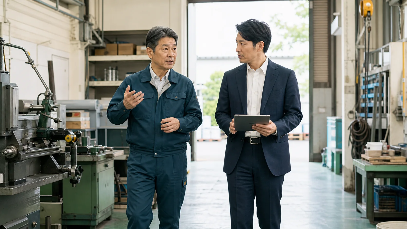 町田・相模原・多摩南部の事業承継について資料を見ながら話し合う経営者と支援担当者