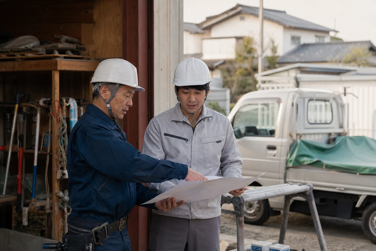 設備工事の現場で図面を確認する責任者とスタッフ
