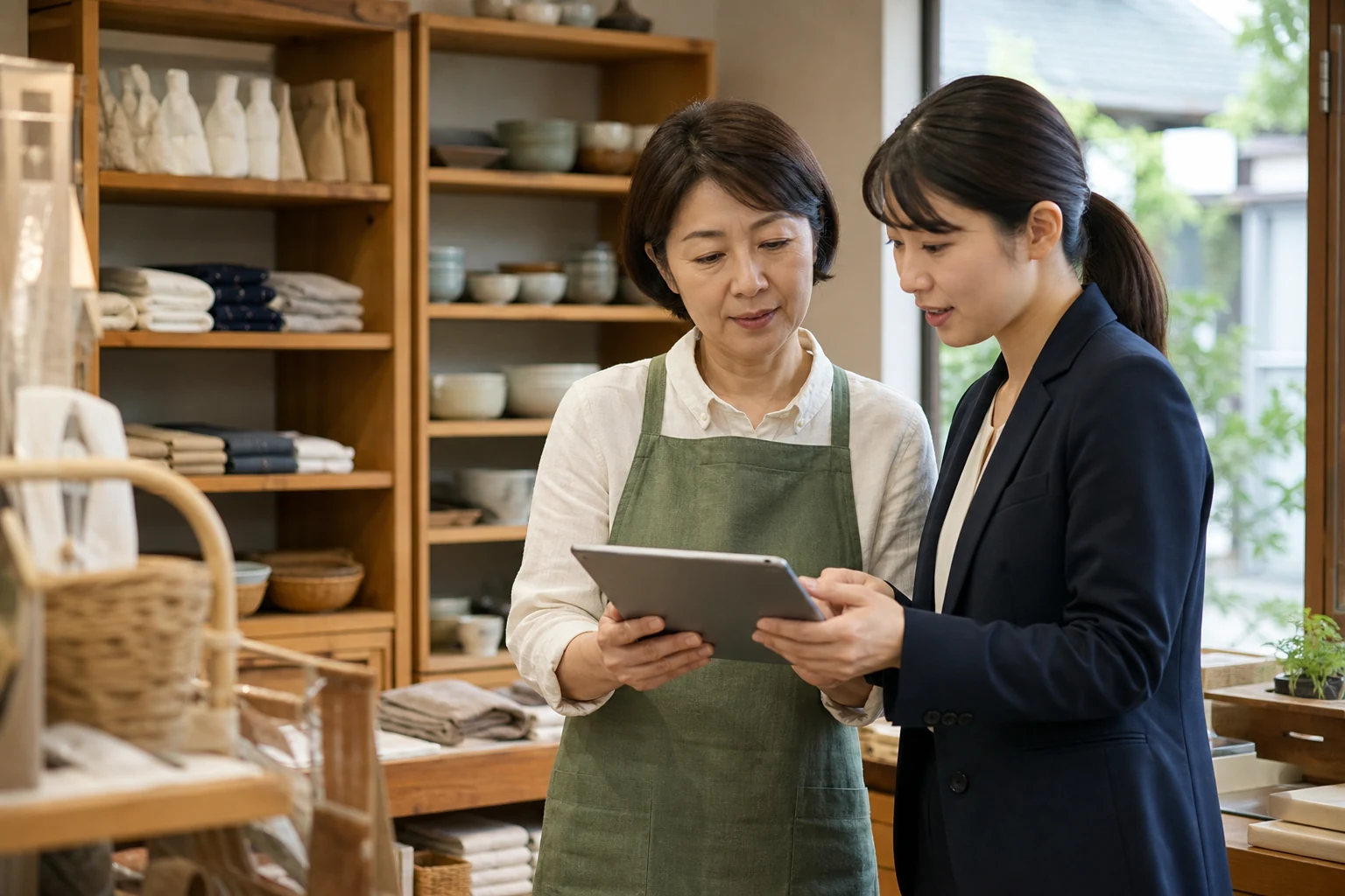 地域の店舗で在庫と顧客対応を確認する経営者と次世代責任者