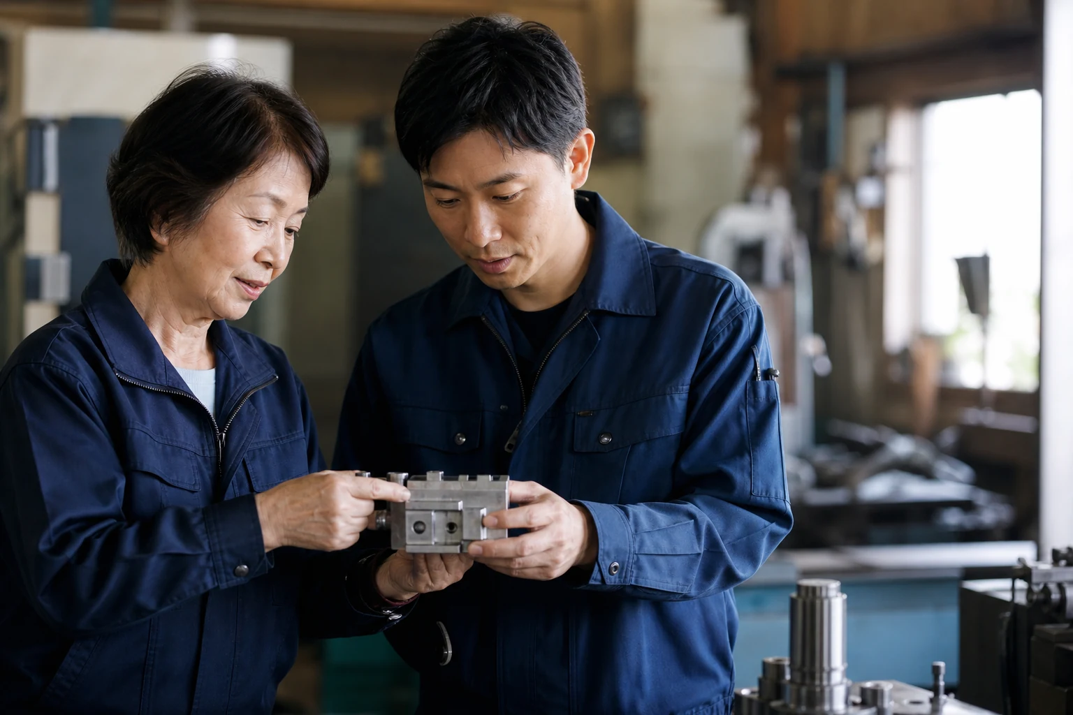製造現場で技術を確認する地域企業の経営者と次世代責任者