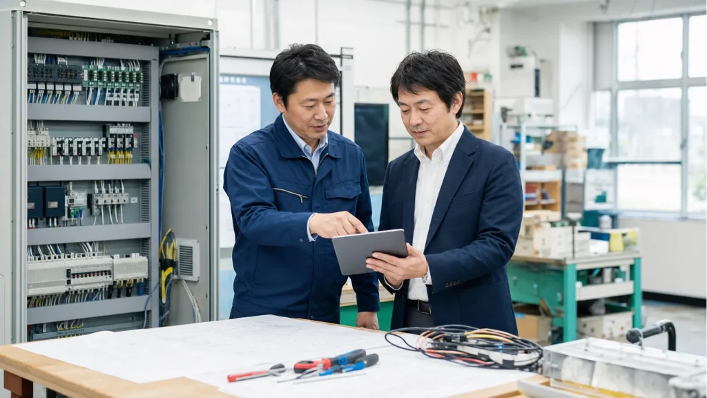 町田・相模原の制御盤・電気制御設計会社M&Aで図面と部品表を確認する経営者とアドバイザー