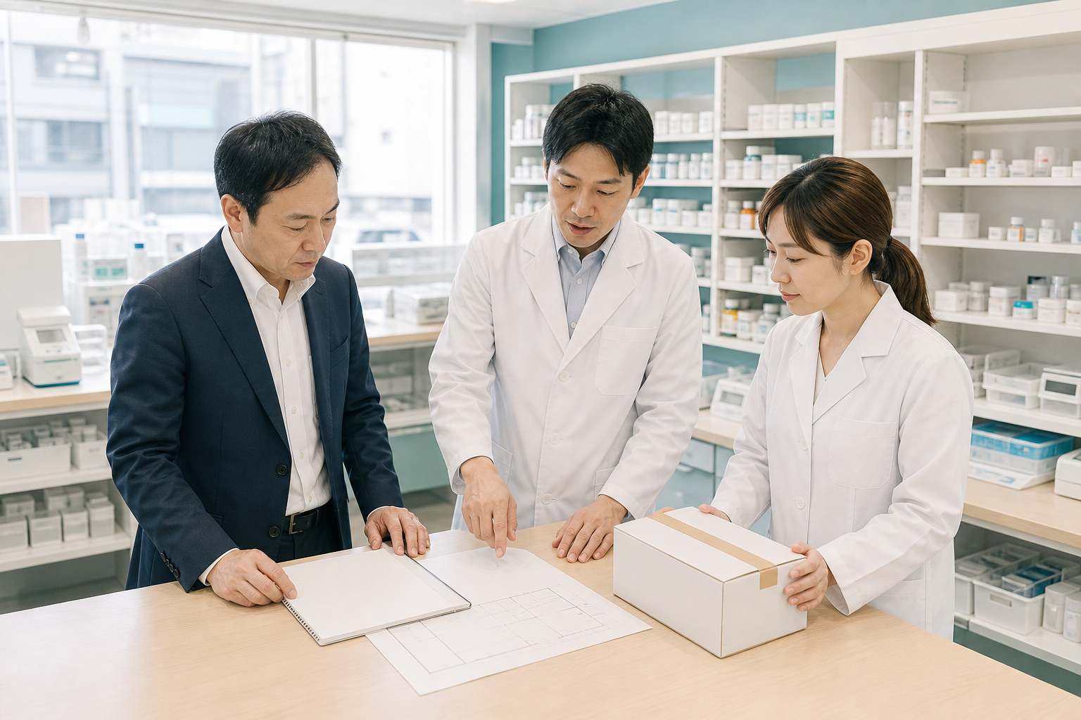 なの花東日本による上溝薬局の事業譲受と在庫・許認可の引継ぎを表す編集写真