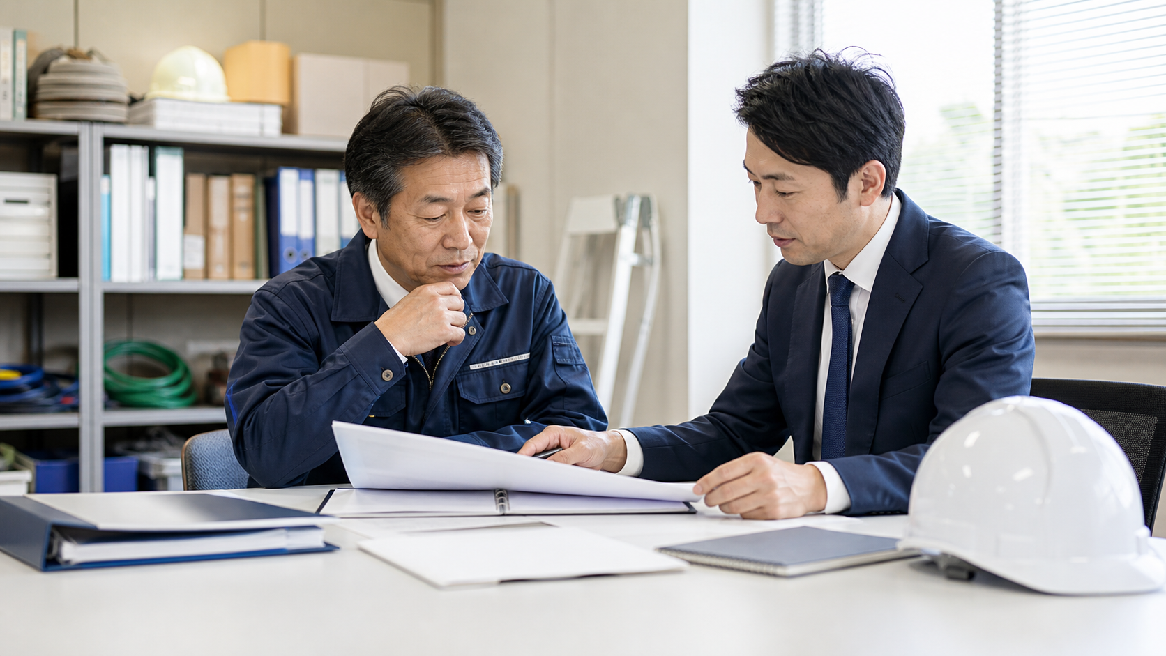 建設会社の経営者とアドバイザーが許可関係書類と資格者体制を確認する場面
