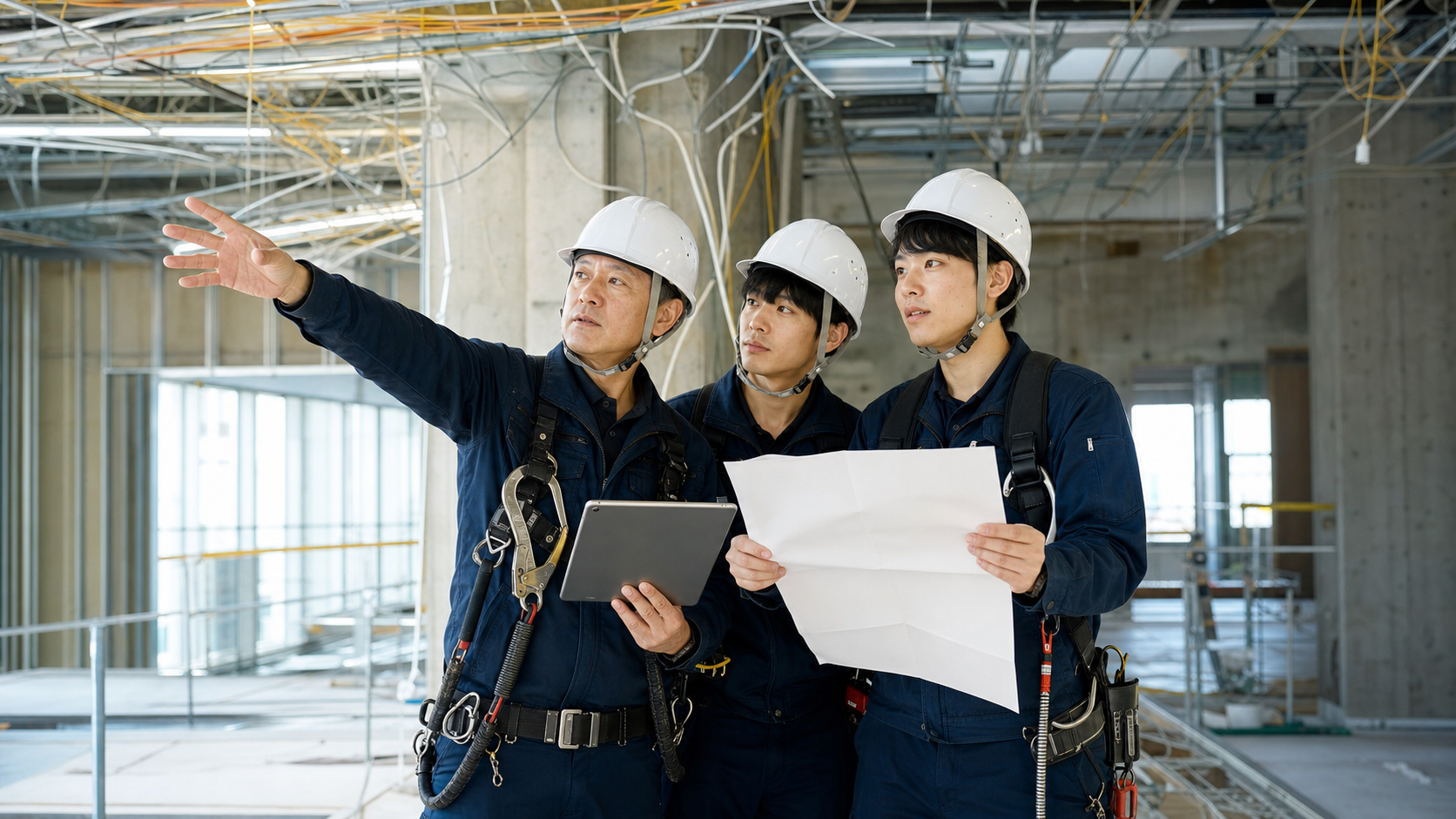 電気工事の現場で施工チームが安全と工程の引継ぎを確認する場面