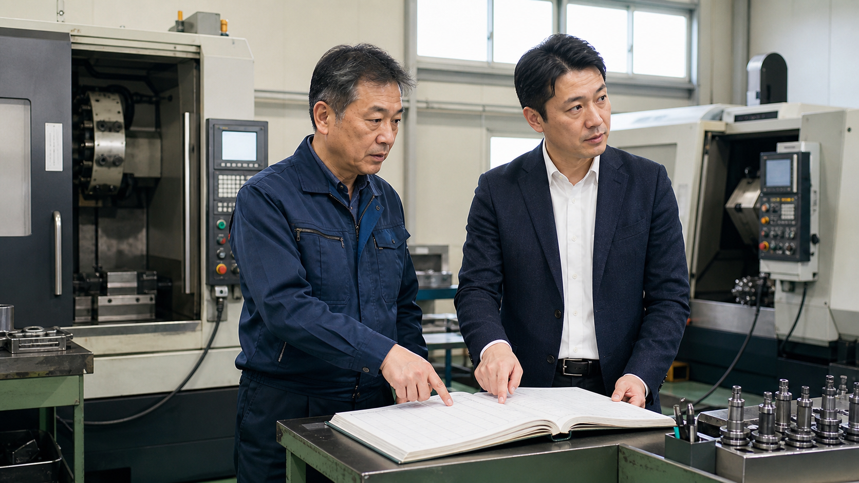 工場経営者とM&AアドバイザーがCNC設備と保全台帳を確認する場面