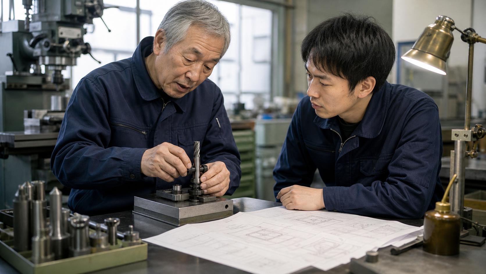熟練技術者が若手後継者へ治工具の調整方法を伝える場面